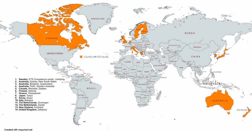 Picture show a world map marked with the 14 ETS faculties.s