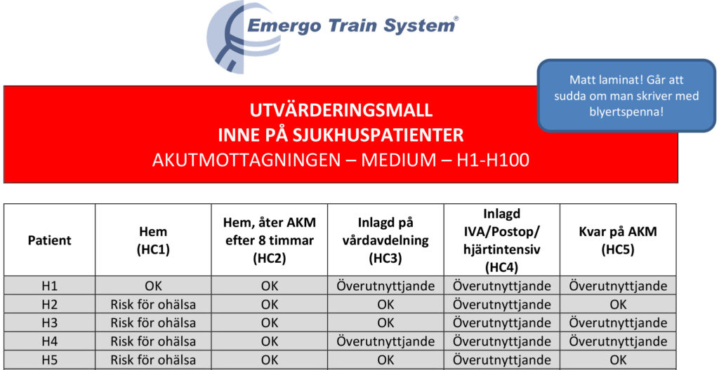 Bilden visar exempel på utvärderingsmall för inne på sjukhuspatienter akutmottagning.