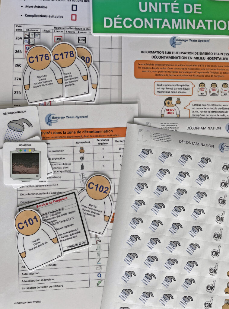 Photo shows ETS material included in the French ETS Decontamination at hospital set.